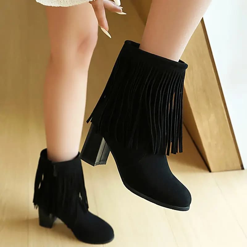 ORCHALISA Flock Fringe Zipper Large Size 47 48 Daily Female Booties Black Tassel Women Ankle Boots Round Toe Block Heels 6.5cm