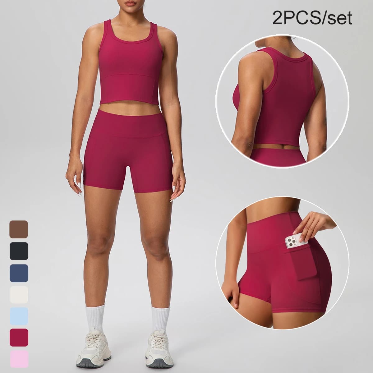 Set Yoga Sportivo Estivo da Donna 2 Pezzi: Top Senza Schienale con Imbottitura e Pantaloncini con Tasche ad Asciugatura Rapida