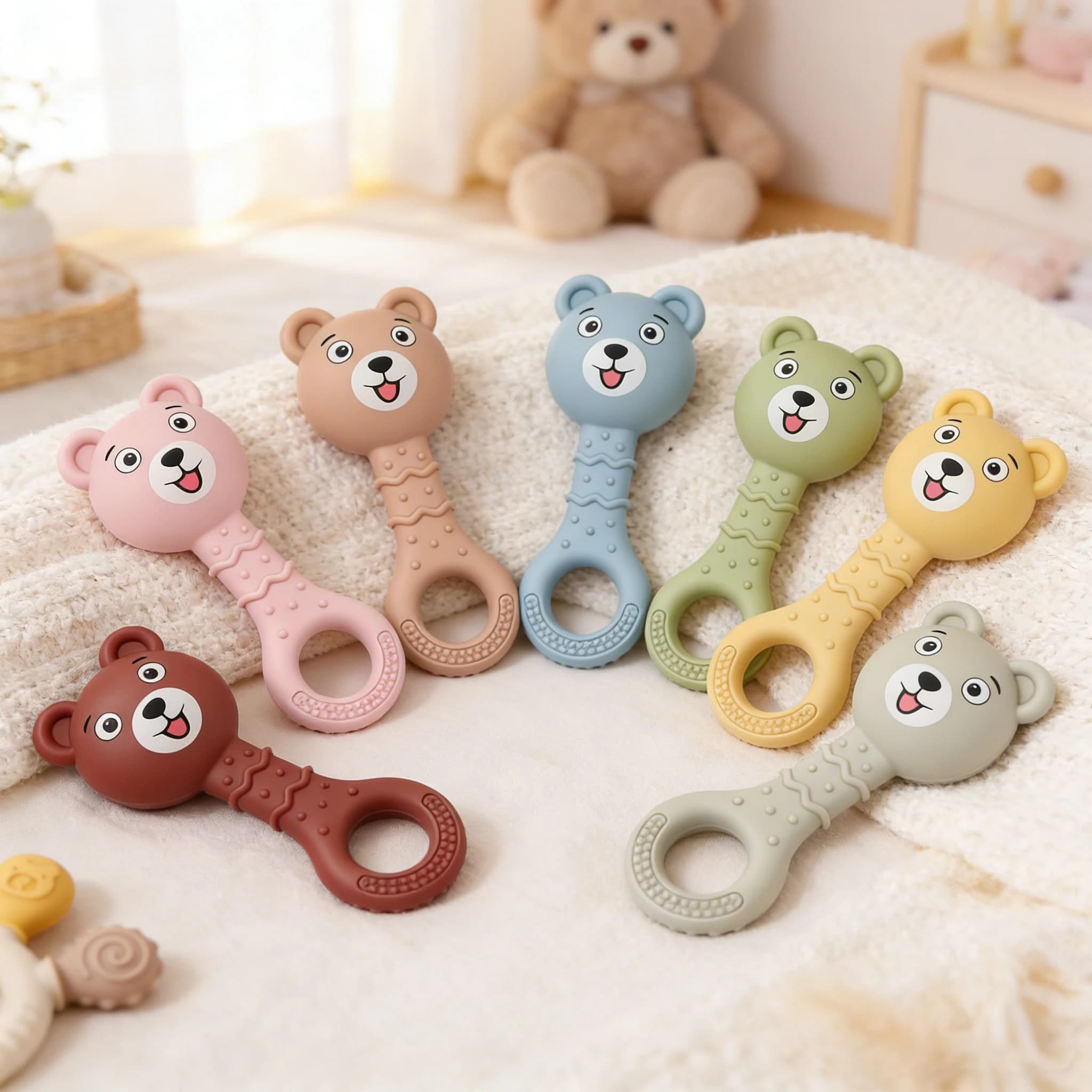 1 Pezzo Sonaglio in Silicone per Neonati, Giocattolo da Dentizione, Catena per Ciuccio, Facile da Afferrare, Regalo per Neonati, Orsetto Carino, Accessori per Bambini Senza BPA