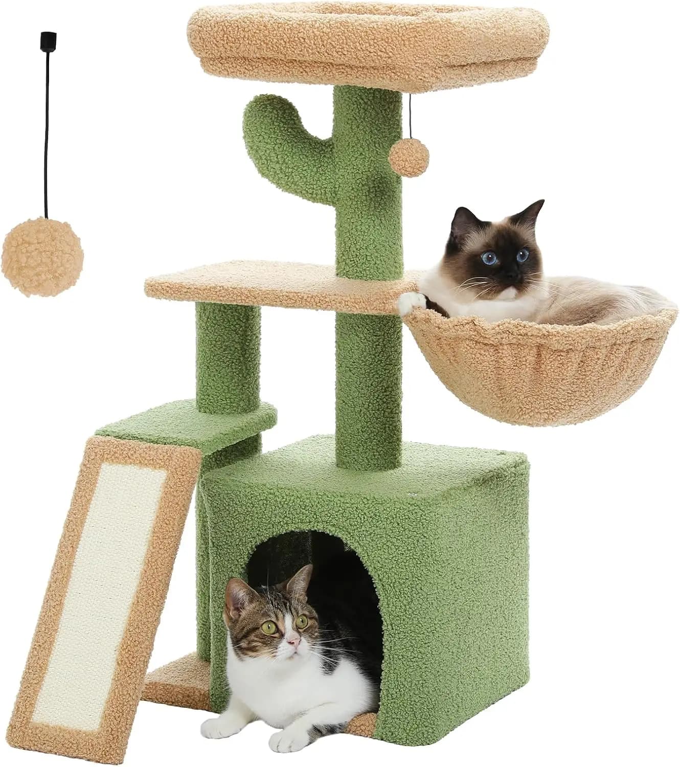 Cactus Cat Tree per gatti da interno, rampa tiragraffi in Sisal, amaca accogliente e posatoio superiore rimovibile per gattini, verde