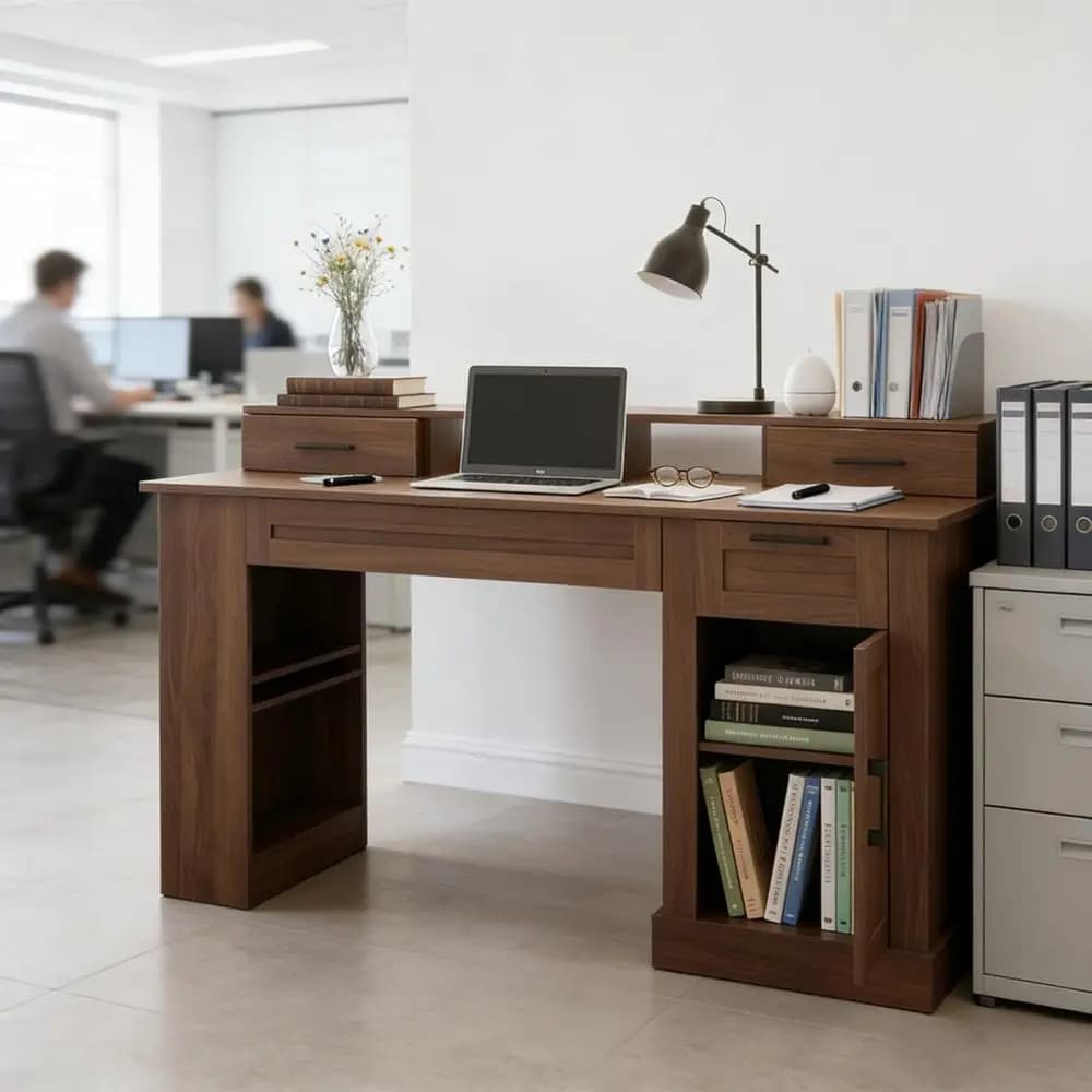 Scrivania Direzionale in Noce per Ufficio Domestico con 5 Cassetti, Spazio di Archiviazione, Presa di Corrente, Supporto per Monitor e Vassoio per Tastiera
