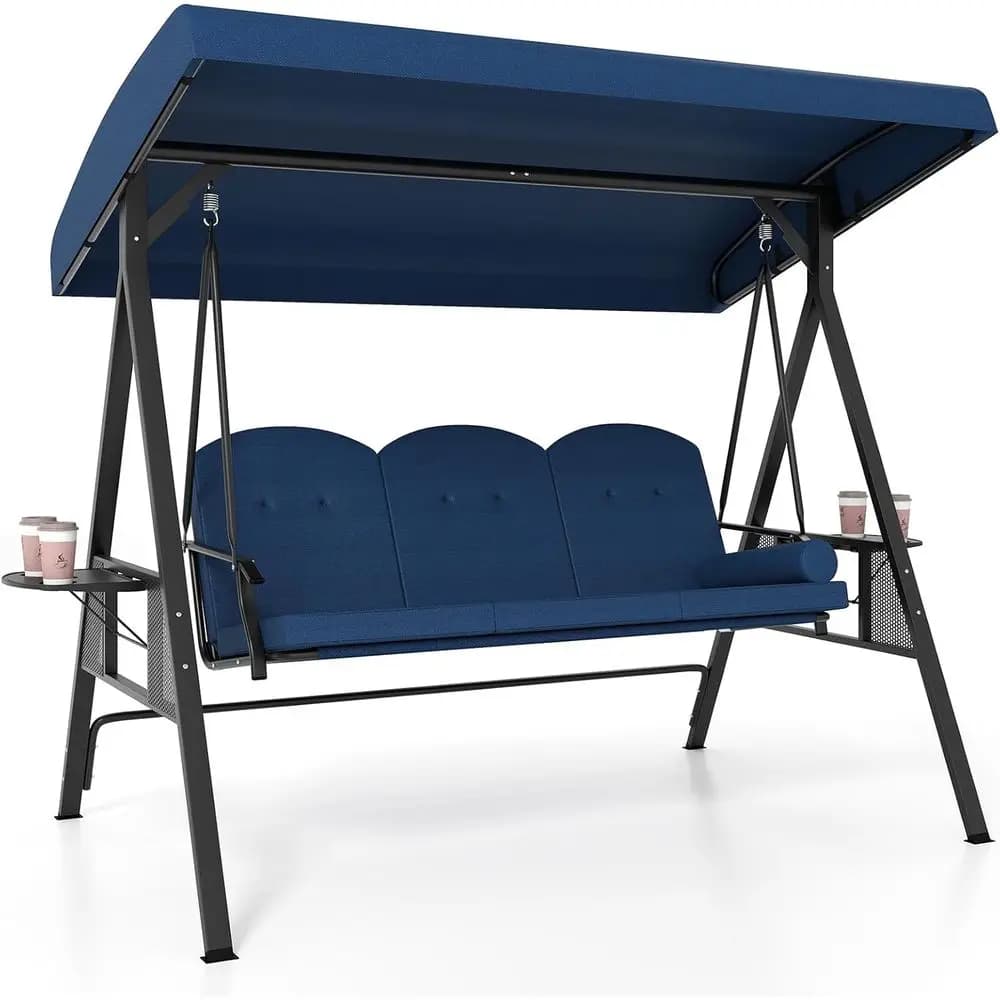 Dondolo da Esterno per 3 Persone con Cuscini, Cuscini Regolabili, Telaio in Metallo, Vassoio Laterale per Giardino, Cortile, Bordo Piscina (Blu Navy)