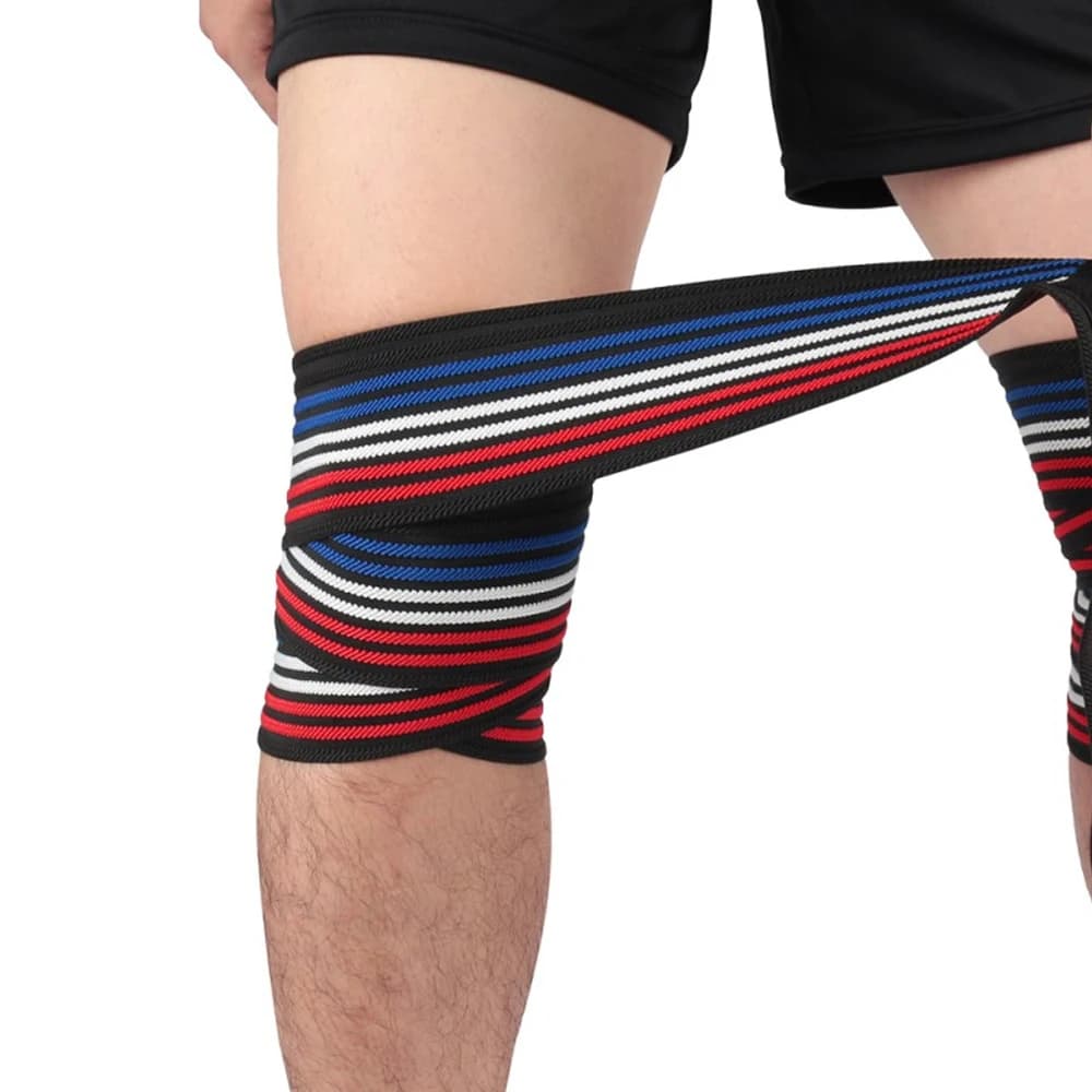 Ginocchiere da allenamento regolabili con benda di compressione per avvolgere il ginocchio per squat fitness incrociati Powerlifting