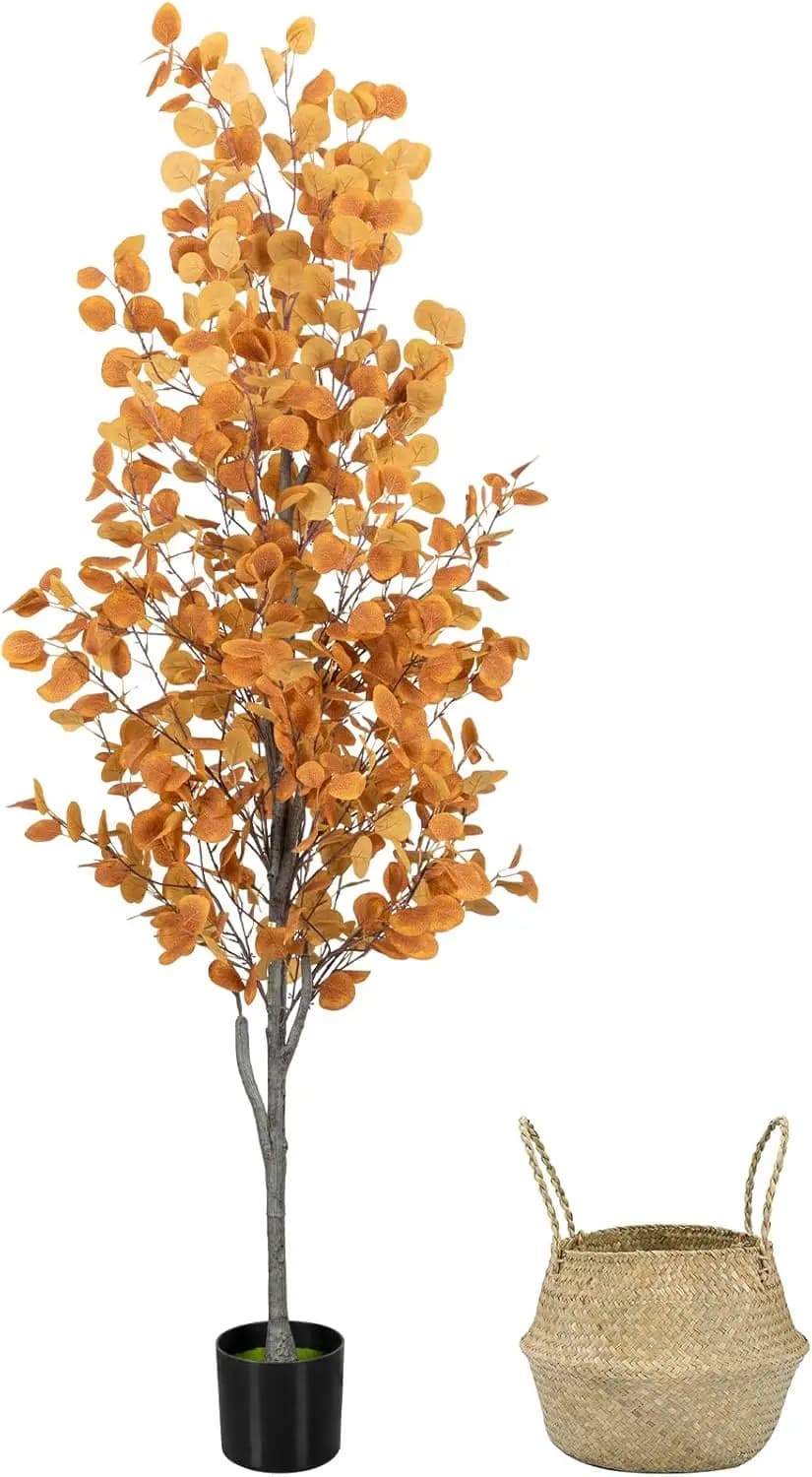 Albero di Eucalipto Artificiale da 1,8 Metri con Cesto in Vimini, Pianta Finta Arancione in Vaso per Arredamento Casa e Ufficio