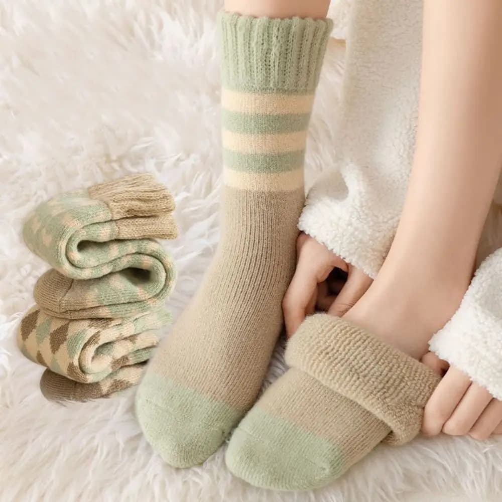 4Pairs Soft Stripe Grid Thickened Socks Winter Sleeping Floor Socks Mid-tube Hosiery Warm Socks Women For Girls