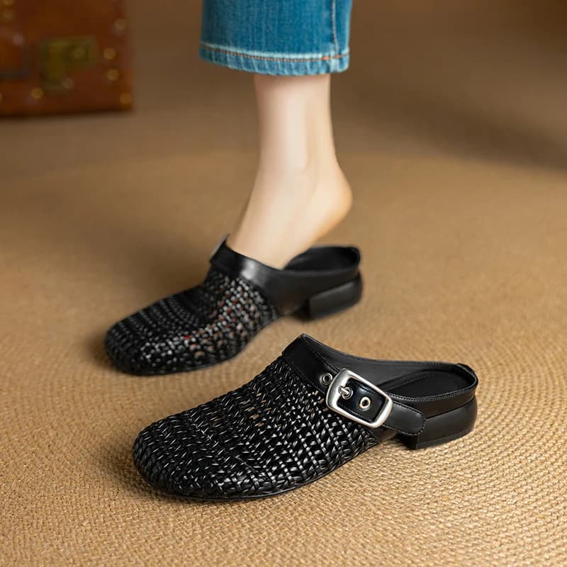 2026 new summer women sandals natural leather 22-25cm fabric+cowhide+sheepskin round toe buckle mules women slippers fashion