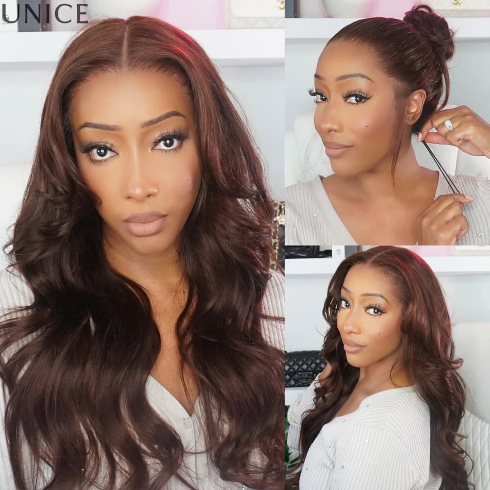 UNice No-Slip 13x4 Lace Frontal Auburn Brown Loose Wave Human Hair Wig With Face Framing Layer Curtain Bangs & Drawstring