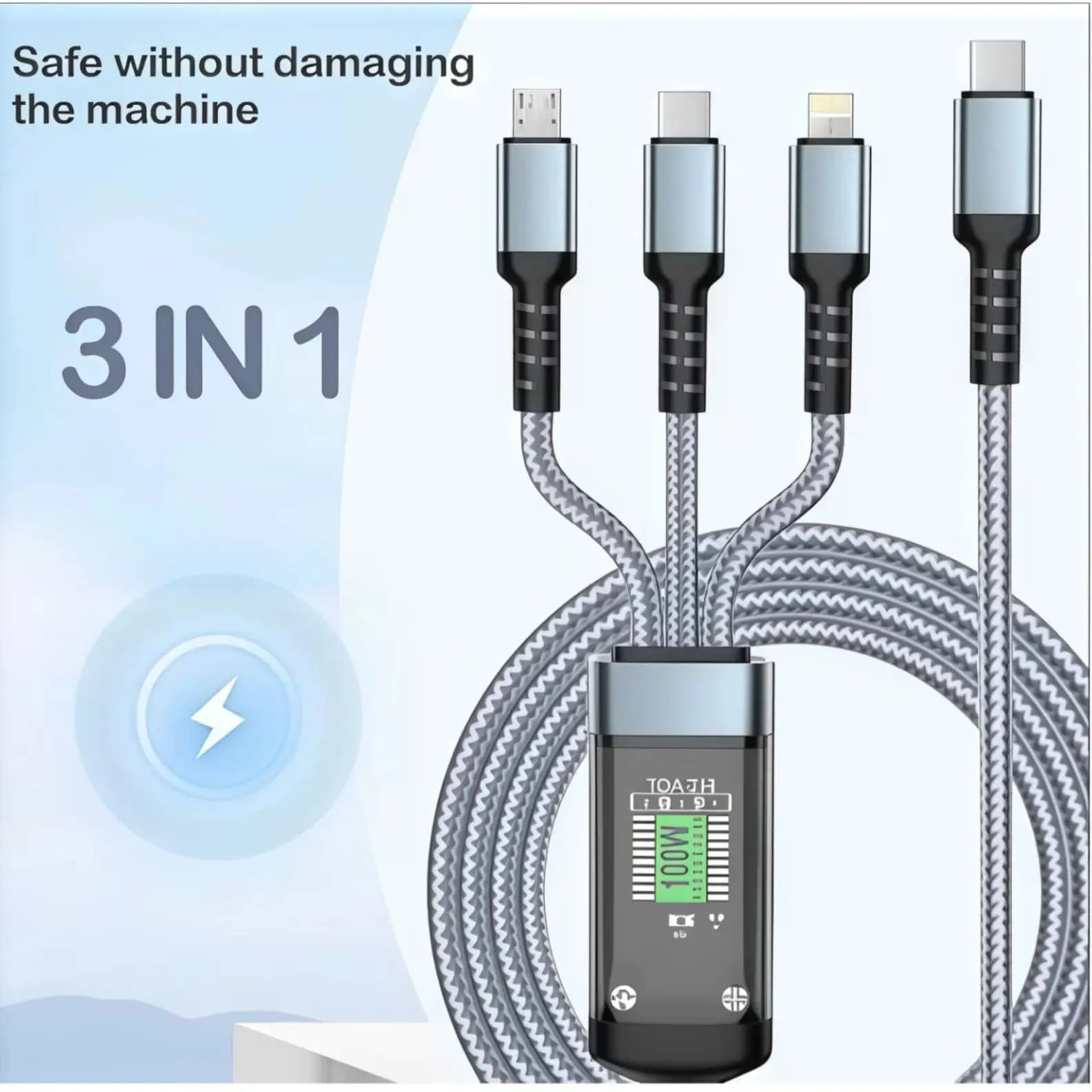 Cavo di ricarica rapida intrecciato in nylon 3 in 1 da 100 W con porta Type-C, Micro USB, IP, per IPhone/SamSung/Huawei/Xiaomi