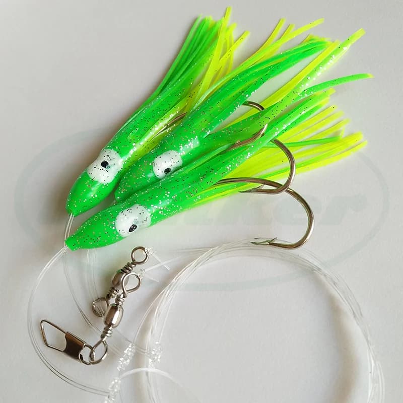 Lunker Sabiki Rig Squid Soft Lure Fishing Bait Saltwater Sea Ocean Boat Trolling Glowing Eyes