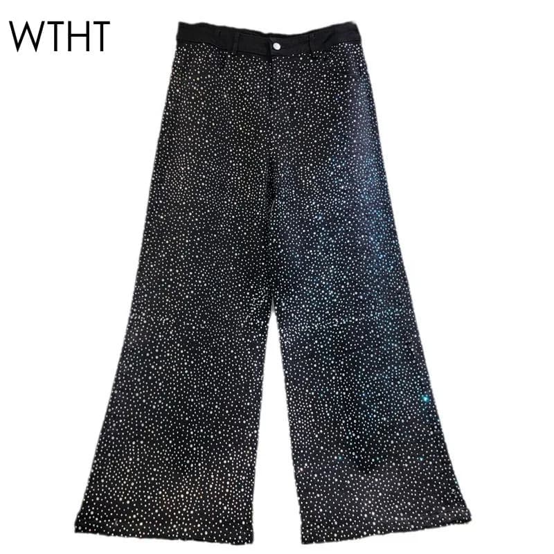 WTHT Moda Donna Industria Pesante Diamanti Jeans a Gamba Larga 2024 Inverno Alla Moda A Vita Alta Pantaloni In Denim Dritto Femminile 1LS614