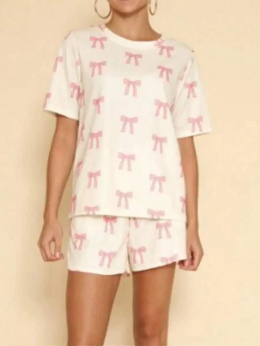Waffle Knit Bow Print Pajama Set Women Short Sleeve Sleepwear