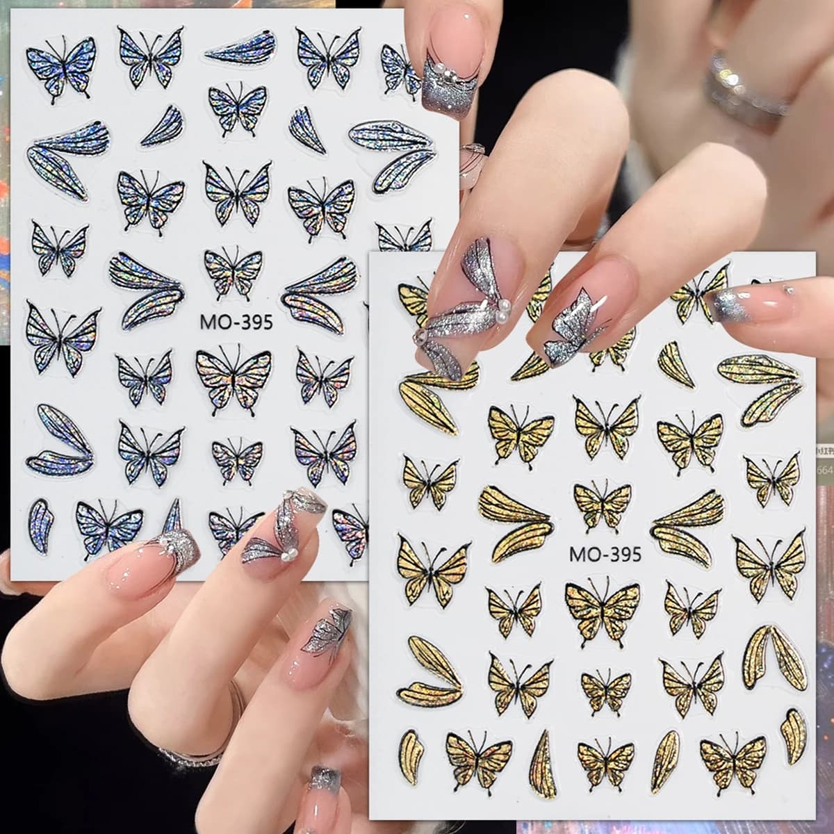 2/4 sheets stickers nail butterfly sand fluent 5D decals for nail art butterfly gold silver for manicure DIY luxury
