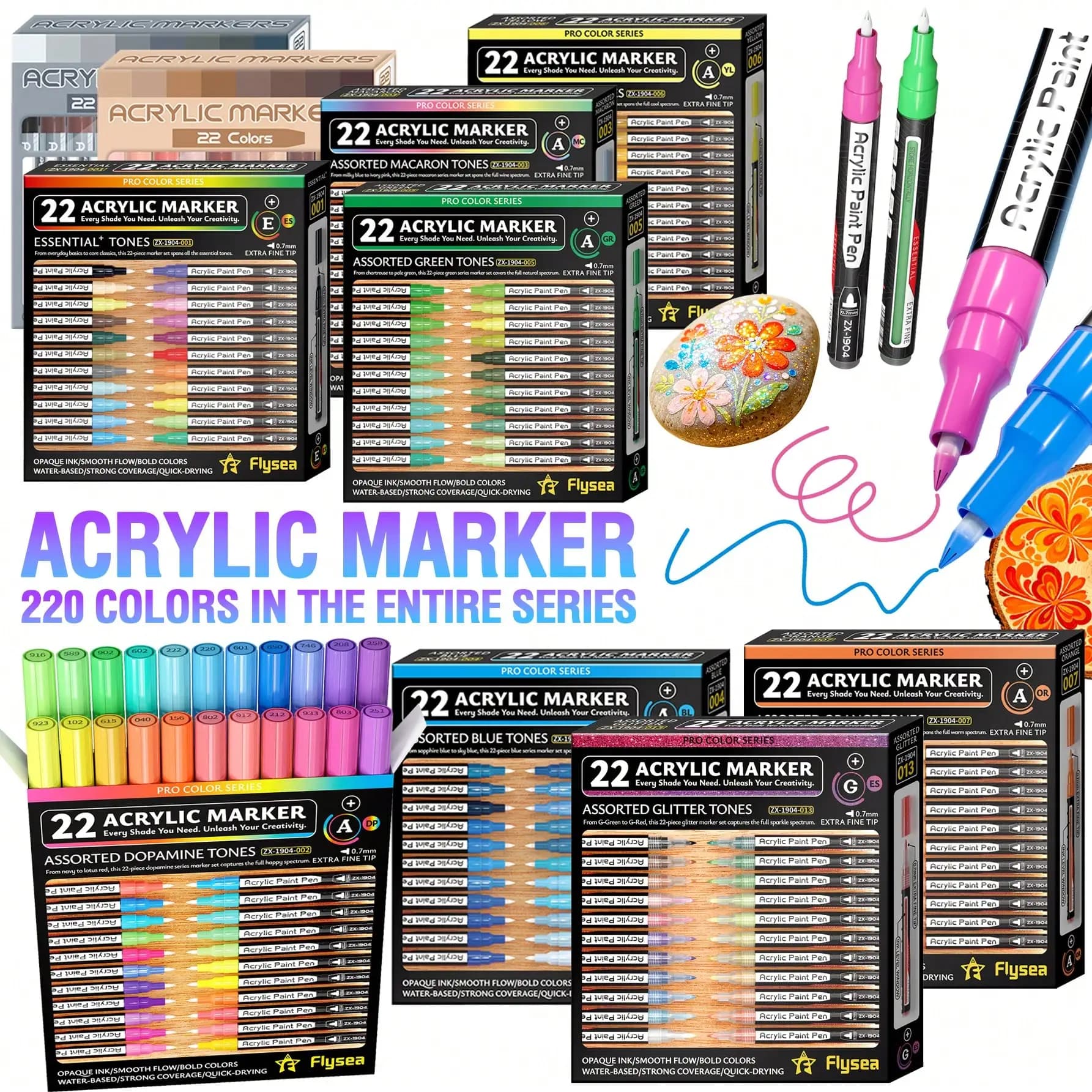 Flysea Brand New352 Colors, 22 Pieces/Box, Multi-Color Acrylic Markers, Paint Markers, Drawing Pens, Acrylic Paint Markers, Skin Color/Grey/Blue/Macaron/Dopamine/Glitter Series, Fine Tip Permanent Markers 0.7 Mm, Stackable Colors, Strong Coverage, Felt-Tip Pen Stationery Set, Student Drawing Anime, Non-Smudge Hand-Drawn Art Supplies for School and Studio