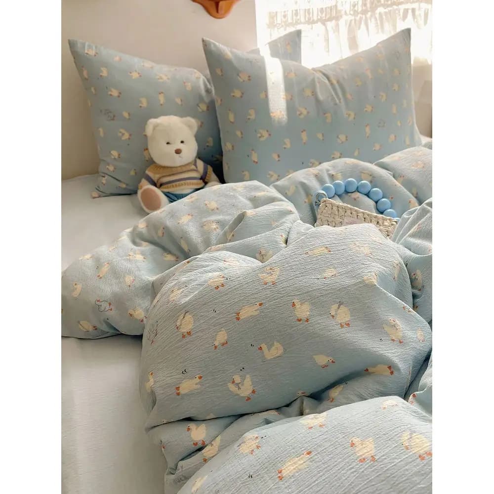 Set di Biancheria da Letto in 100% Poliestere con Stampa di Paperelle, 2 Federe e 1 Copripiumino Senza Lenzuolo