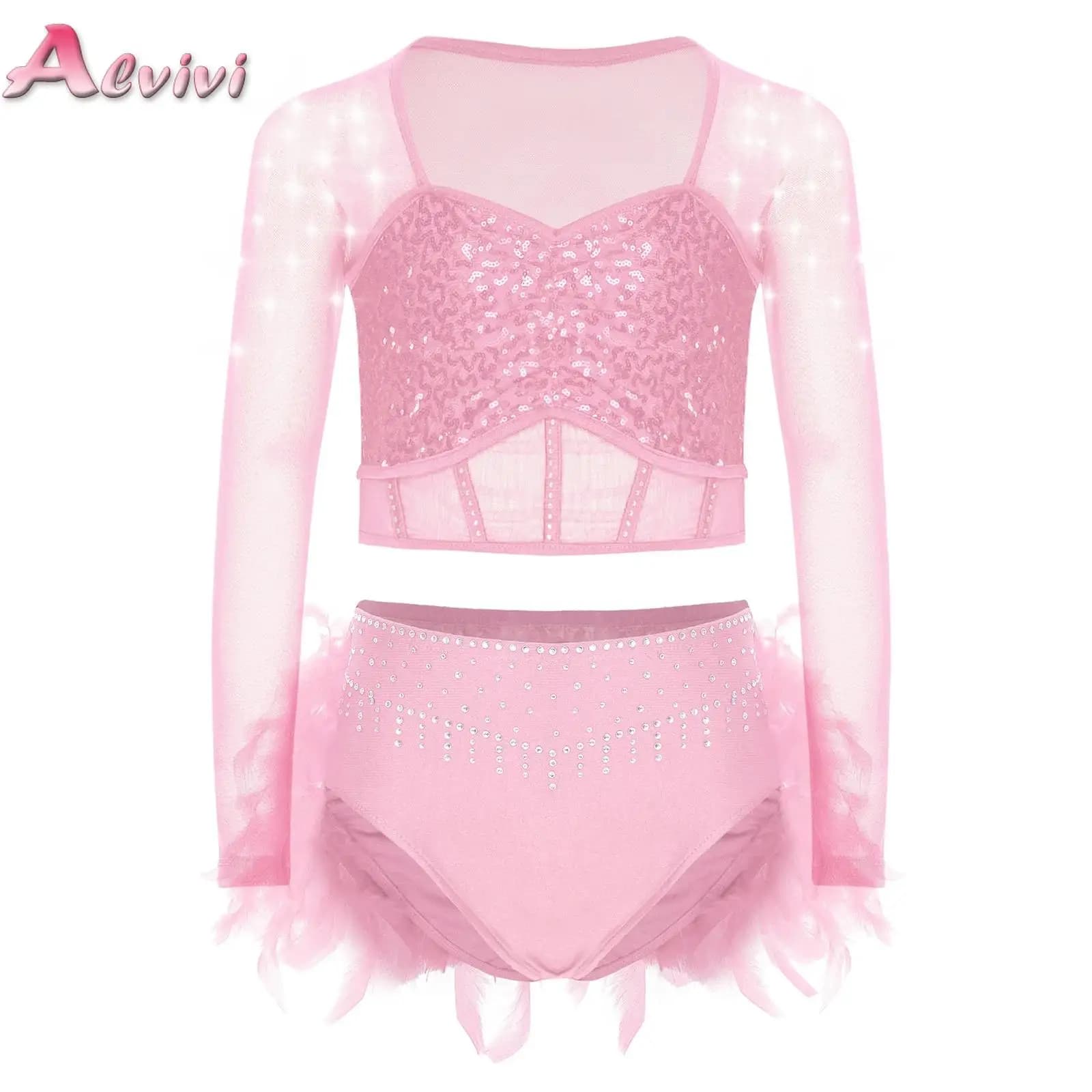 Bambini Ragazze Ginnastica Balletto Danza Performance Vestito Strass Paillettes lucide Crop Top + Gonne di piume Vestiti di pattinaggio di figura