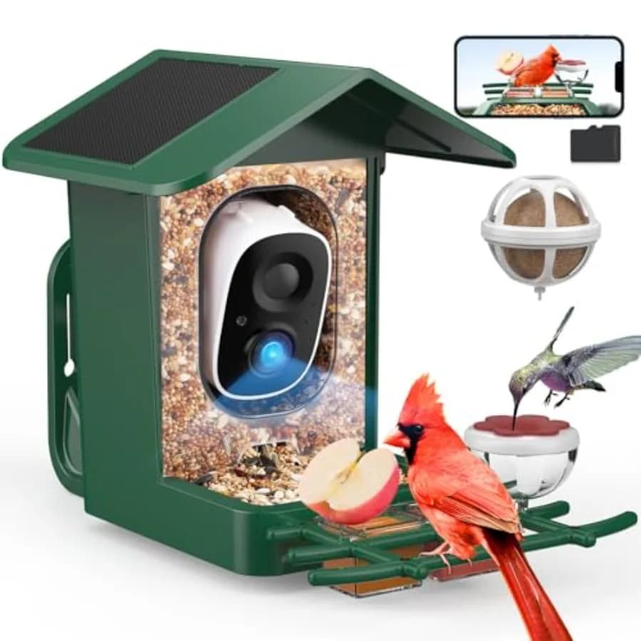 Mangiatoia per Uccelli con Telecamera, Alimentazione Solare, Identificazione AI e Cattura Automatica con Scheda da 32GB, Video HD 2K in Diretta, Mangiatoia Intelligente per Uccelli con Telecamera e Video Istantaneo