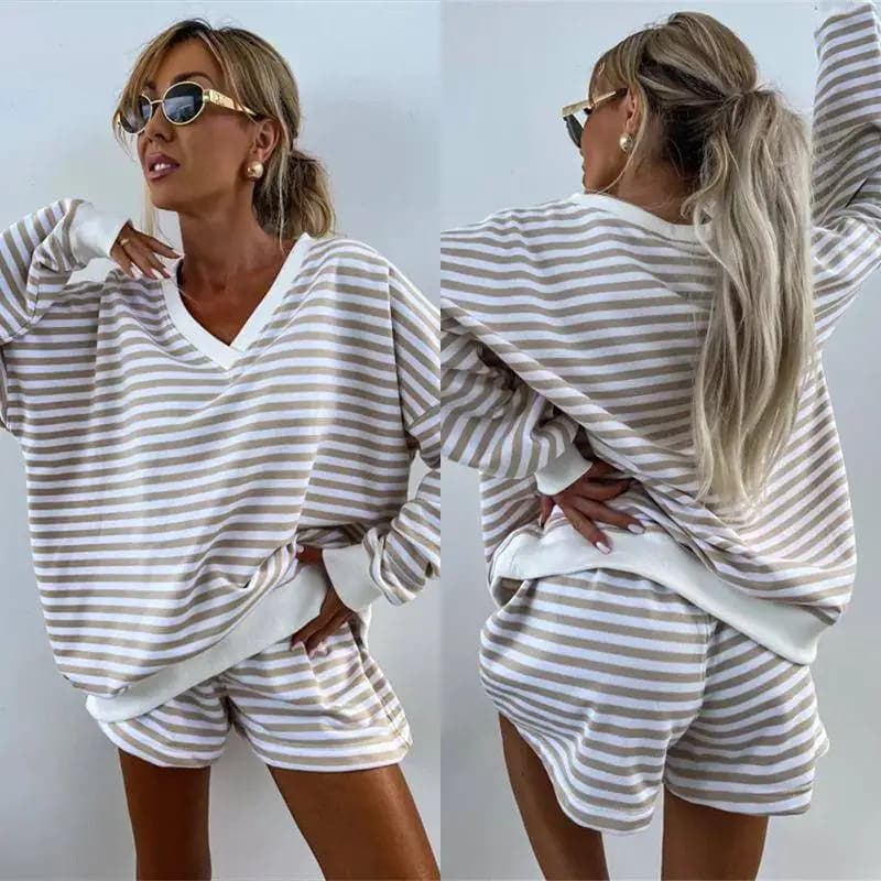 Summer New Women's Casual Striped Set Long Sleeve V-neck Loose Top Sports Shorts 2-piece Set Fashionable Versatile Women's En...