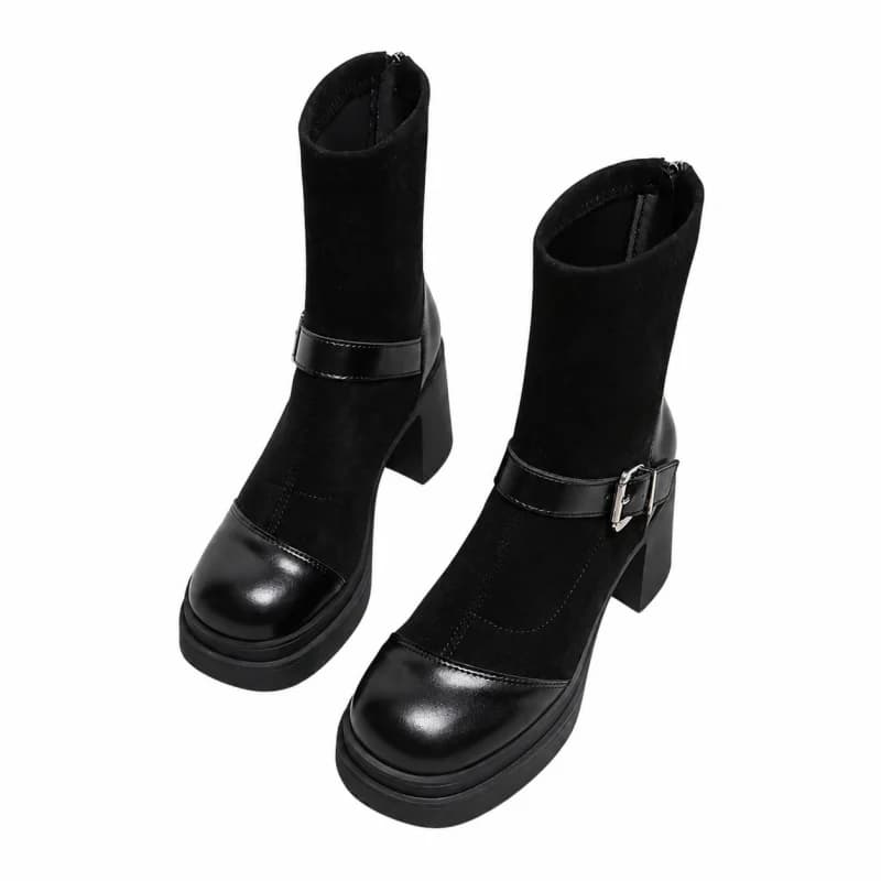 Women Platform Chunky High Heel Ankle Boots Round Toe Buckle Strap Suede Patchwork Stretch Sock Booties Back Zipper Shoes