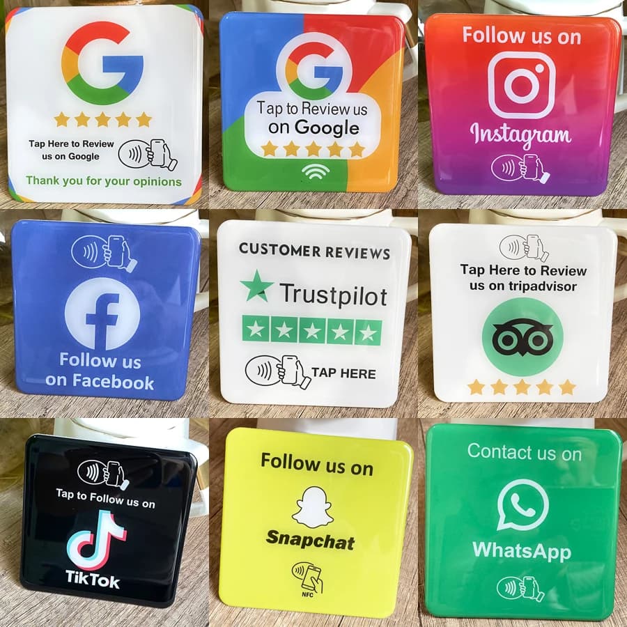 3.93" Instagram Facebook Google Tripadvisor Trustpilot Revisione Targa NFC Tap Card Adesivo epossidico autoadesivo