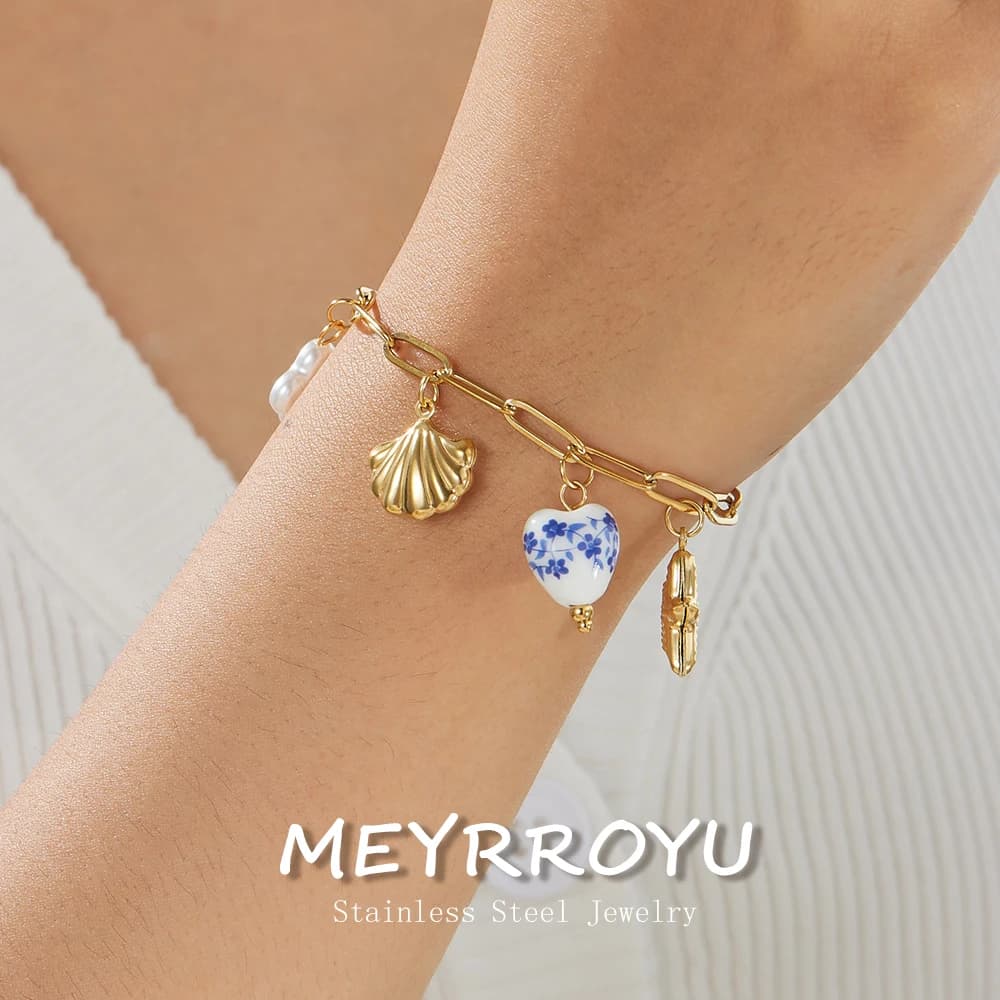 MEYRROYU 316L Stainless Steel Blue White Porcelain Heart Starfish Shell Bracelet Lady Summer Ocean Beach Hand Chain Jewelry Gift
