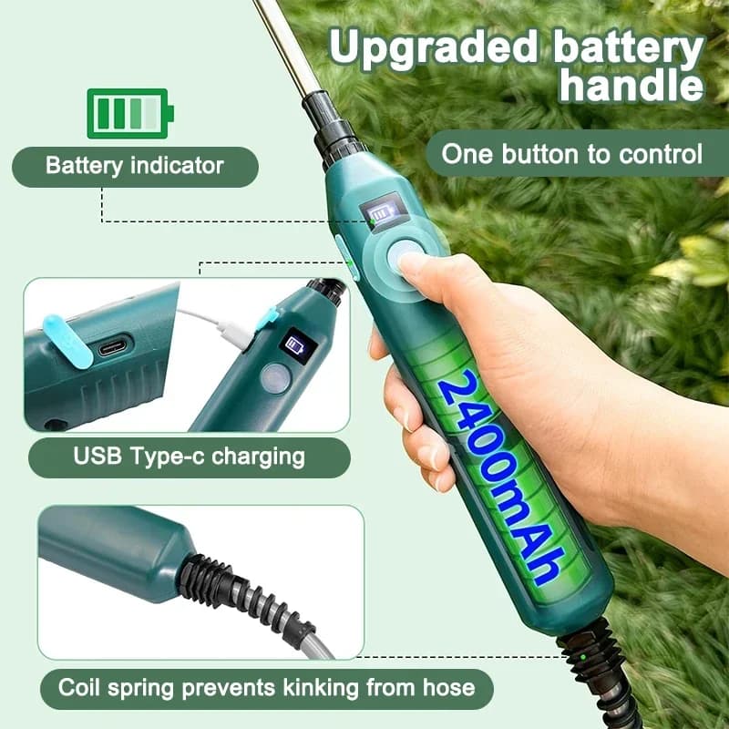 Spruzzatore da giardino elettrico da 2400 mAh, attrezzo da giardinaggio portatile ad alta pressione con 3 ugelli nebulizzati per l'irrigazione delle piante