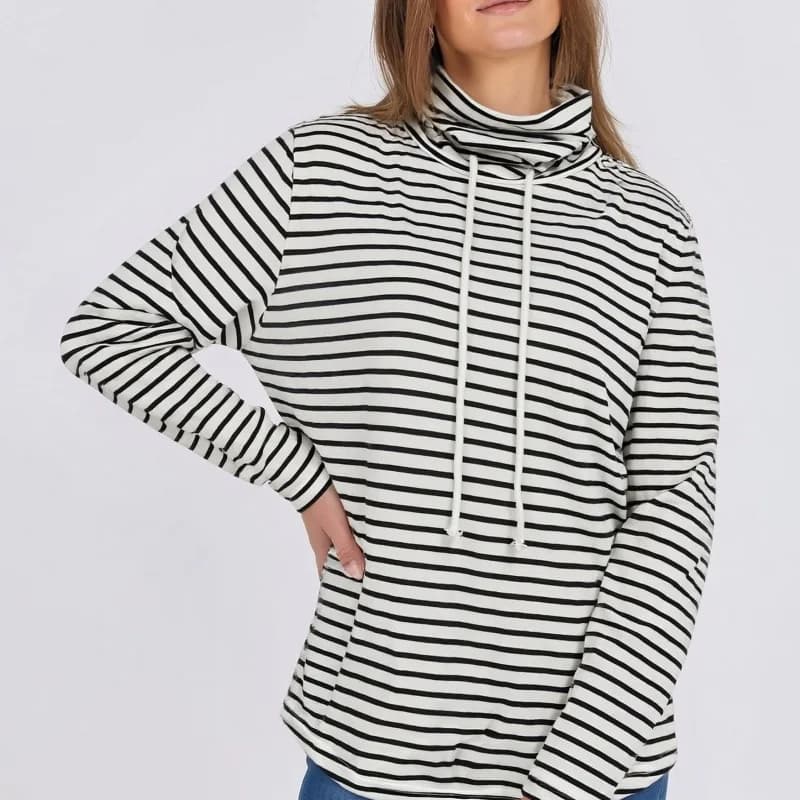 Women's plus Size Fashionable Casual Sweatshirt Black White Stripes High Neck Drawstring Long Sleeve Loose Design for Commuting