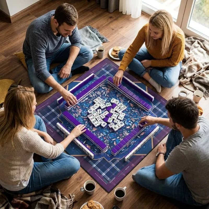Acrylic 32mm 160 pieces 4 layers engraved mahjong tiles,suit with navy blue plaid floral pads, suitable for social clubs