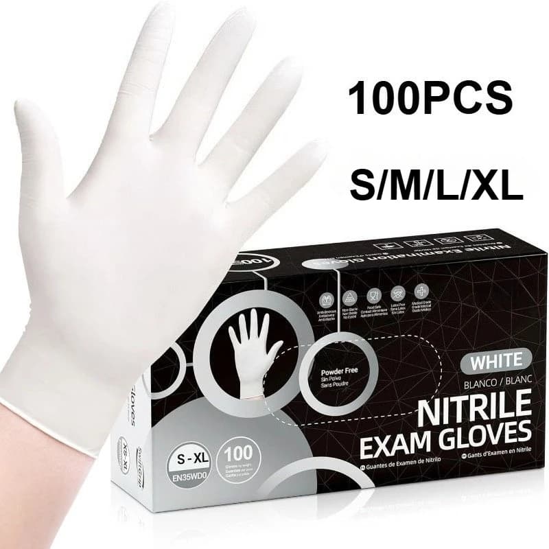 Guanti monouso bianchi in nitrile da 10-100 pezzi, senza lattice, polvere, guanti per la pulizia della cucina Guanti da lavoro per protezione di sicurezza meccanica