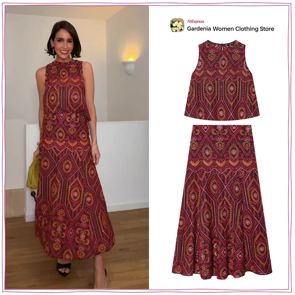 Elegant Women Embroidered Eyelet Skirt Sets Summer Ethnic Co-ord Sets Round Neck Sleeveless Top Matching Tonal A-line Midi Skirt