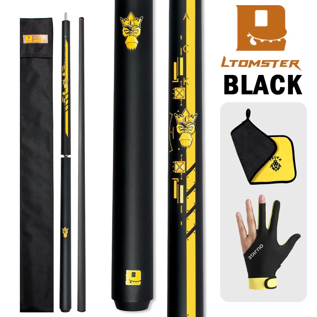 Little Monster Carbon Fiber Jump Break Pool Cue Stick, 3-Piece Billiards Break Jump Cue, 19.5oz Weight 12.9mm Tip, Complete Set with Soft Carry Bag, Cue Glove & Cleaning Towel