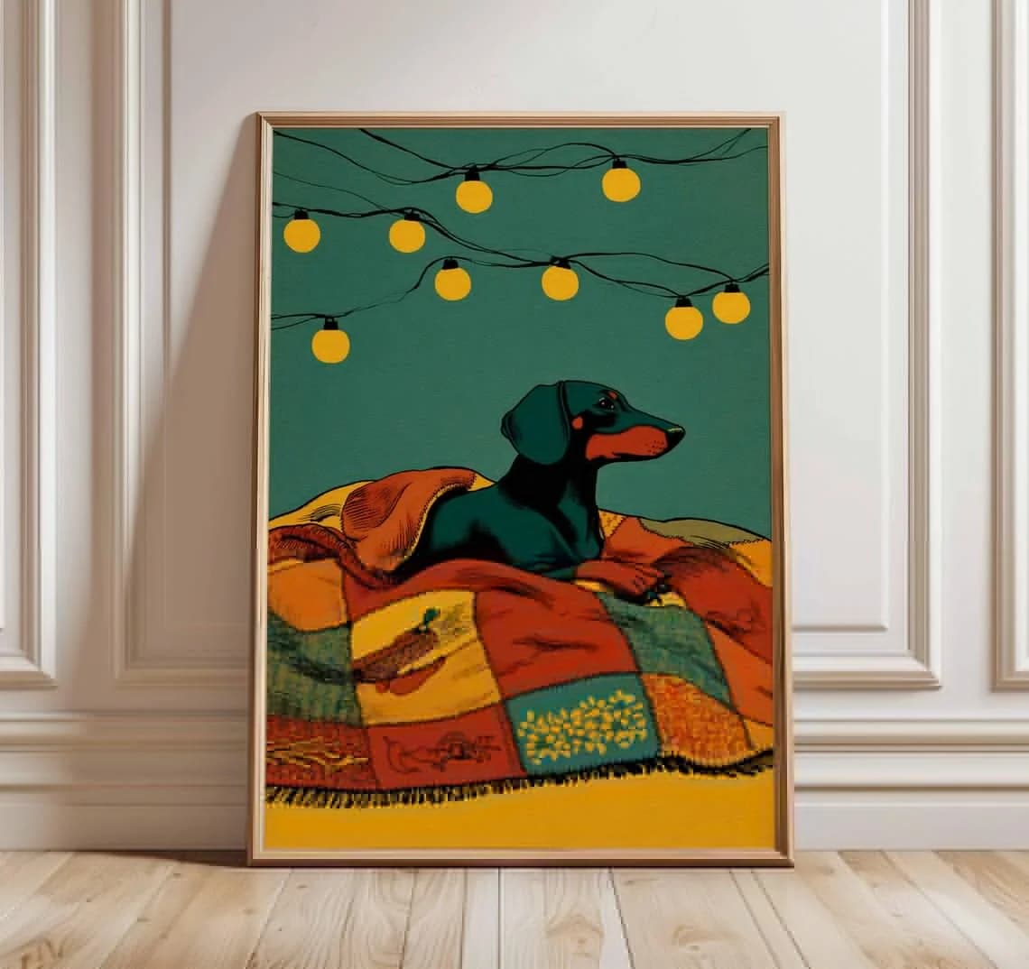 Decorazione da parete con luci a stringa a forma di Bassotto - Stampa serena che celebra il comfort felino (canino). Il Sfondo Verde Acqua Profondo e la Fata Calda