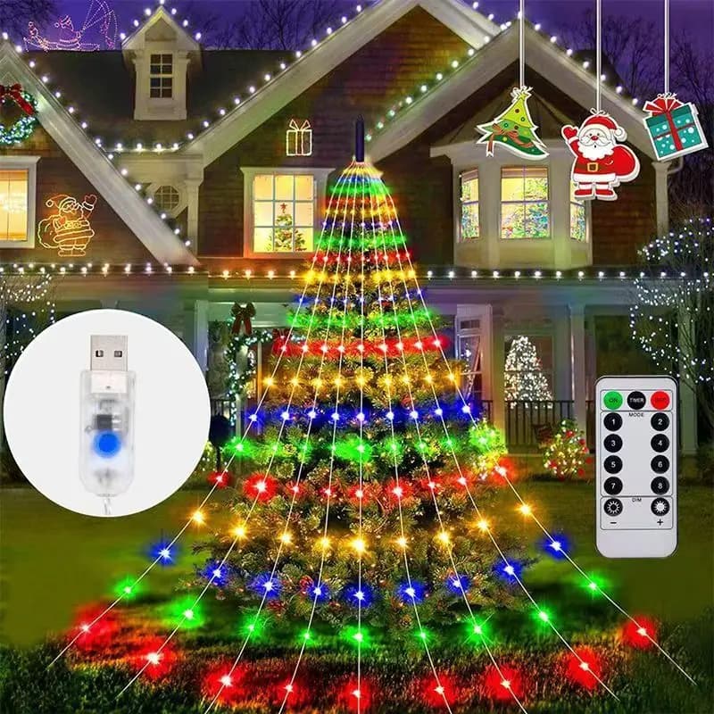 Luci a cascata per albero di Natale 198 LED Luce a stringa USB da 2 m con stella Topper Lucine impermeabili 8 modalità per la decorazione di nozze