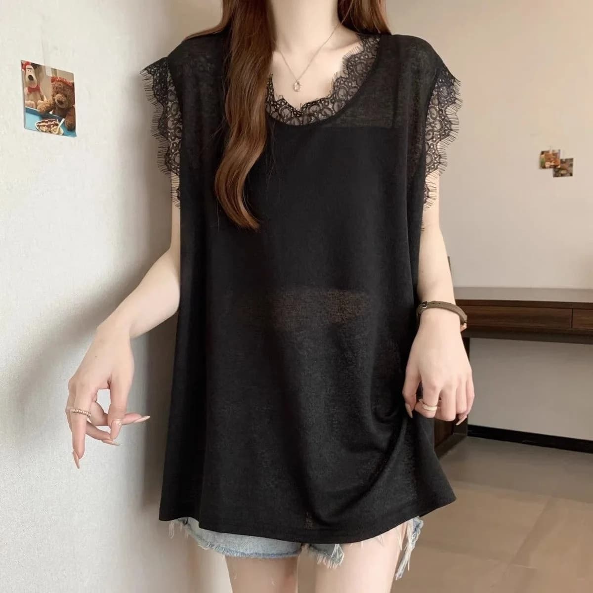 Lace Trim Sleeveless T-Shirt Vest Loose Fit Lightweight Summer New Style plus Size 300 Pounds Conceal Meat Top for Women