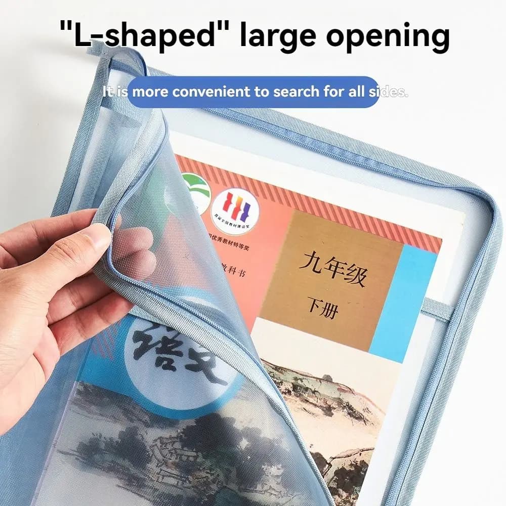 Borsa per carta di prova A4 Borsa per documenti visibile di grande capacità a forma di L Borsa per cartelle di file divisoria a tre strati con cerniera per compiti
