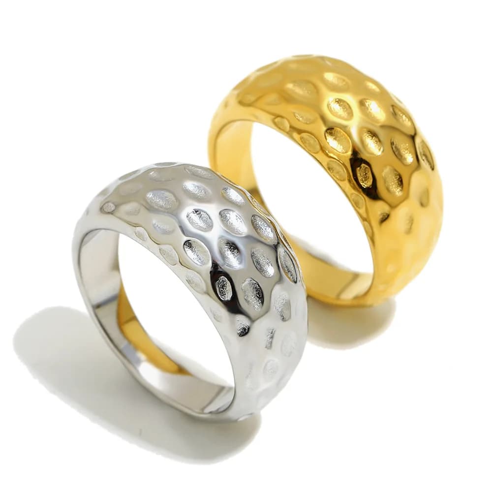 Ins 18K Gold Plated Stainless Steel Hammered Texture Ring for Women Waterproof