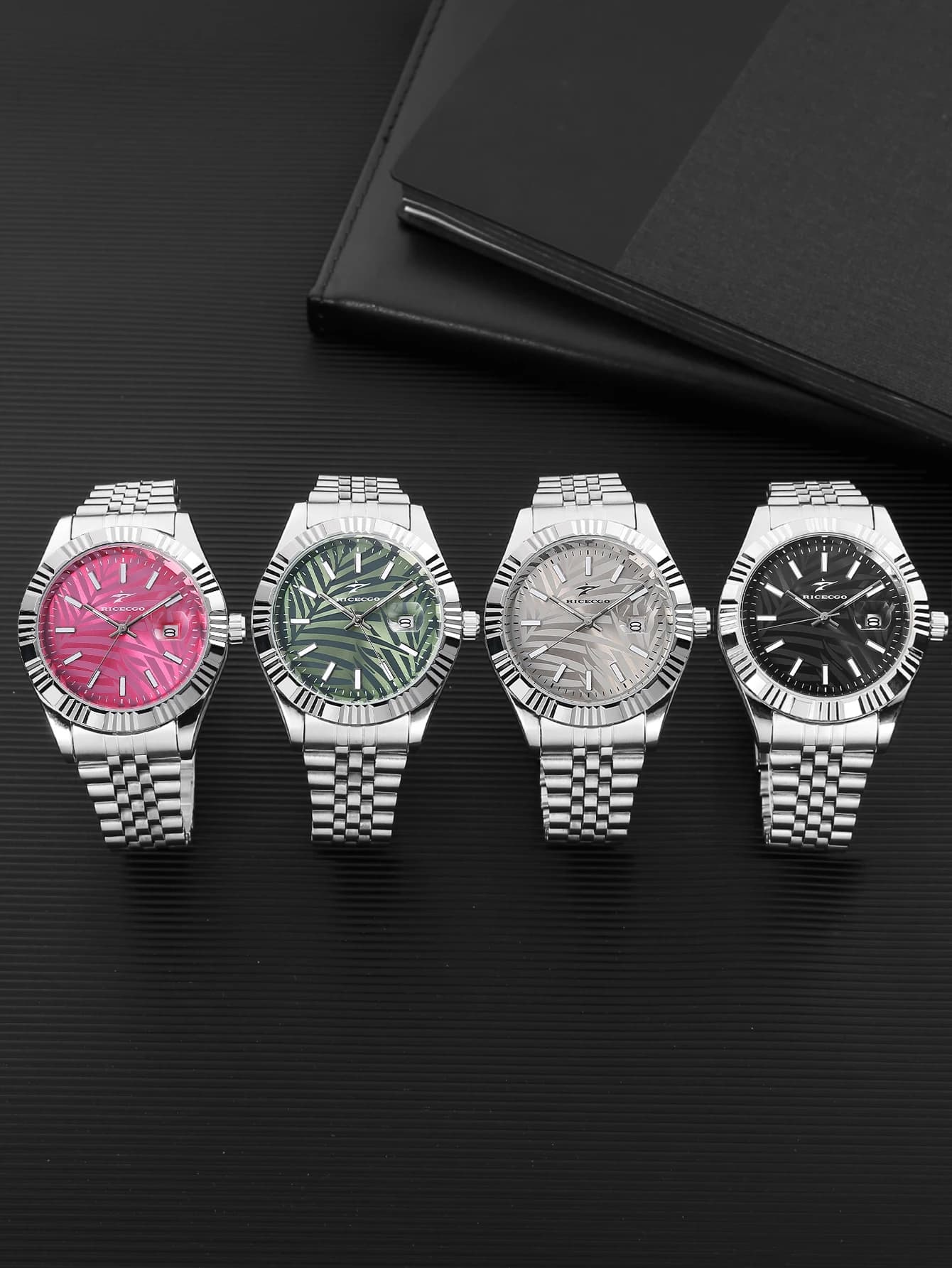 Ricecgo Men's Stainless Steel Quartz Watch, Maple Leaf Pattern Dial Calendar Business Watch Men's Luxury Gift