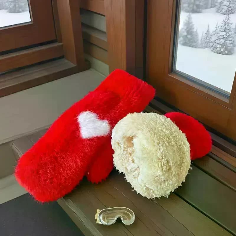 Guanti invernali foderati in pile spesso da donna Ins Trendy coreano design a cuore rosso pelliccia di visone sintetica ciclismo guanti resistenti al freddo regalo per studenti