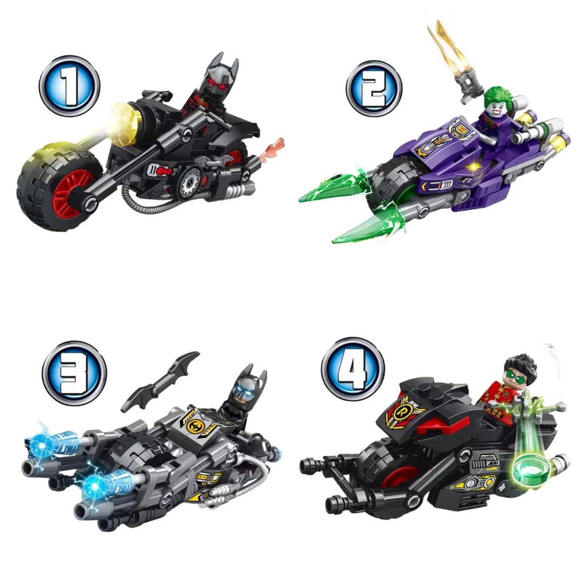 Set di Blocchi da Costruzione 4 in 1 Modello Veicolo Batmobile, Mattoncini Creativi per Auto e Mini Figure Anime, Giocattoli Fai-da-Te, Regali di Compleanno