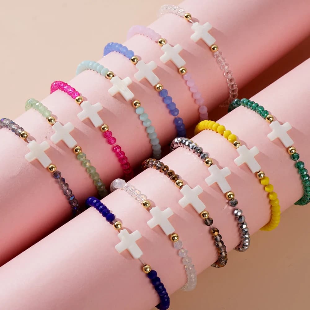 Go2boho bracelets with crystal beads Healing Luck Shell Cross Boho Elastic Stretch handmade jewelry for woman fashion gifts
