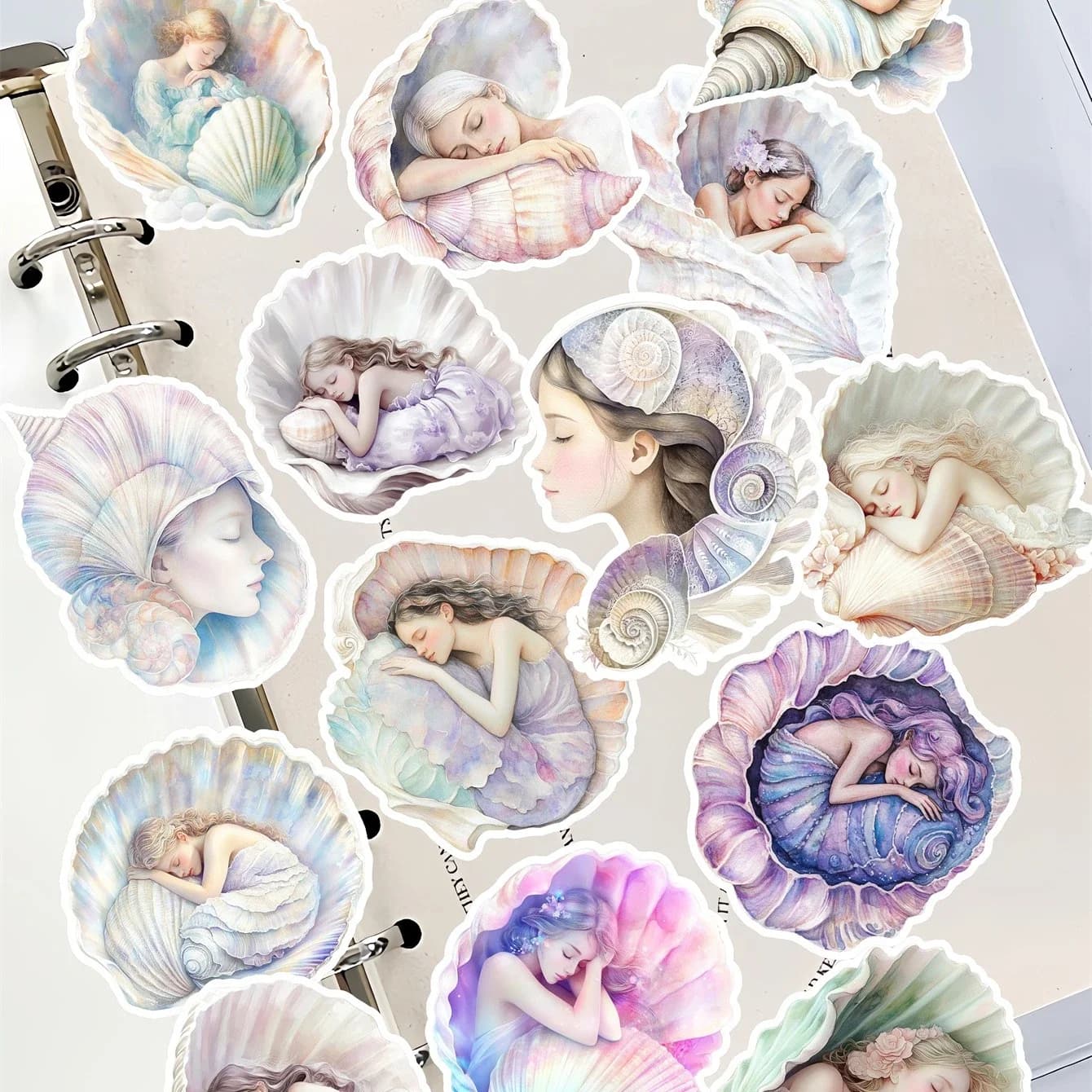 1 set di adesivi per diario, quaderno, agenda, fai da te, con motivi di conchiglie, bellezza, sirene, deesse dell'oceano, lettere e fiori, per uso quotidiano