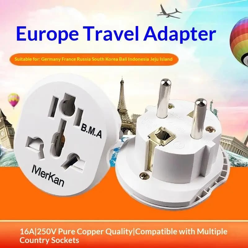 Adattatore da viaggio professionale da AU, US, UK, CN a EU, KR; Convertitore per presa a muro 16A 250V; Dotato di doppia presa rotonda