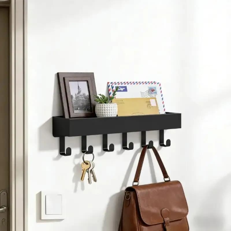 1Pack Modern Wooden Wall Mounted Key Holder with 6 Hooks Storage Shelf No-Drill Wall-Mounted Rack Suitable for Kitchen, Living Room, Entryway, Kitchen, Commercial Use, Utility Hooks