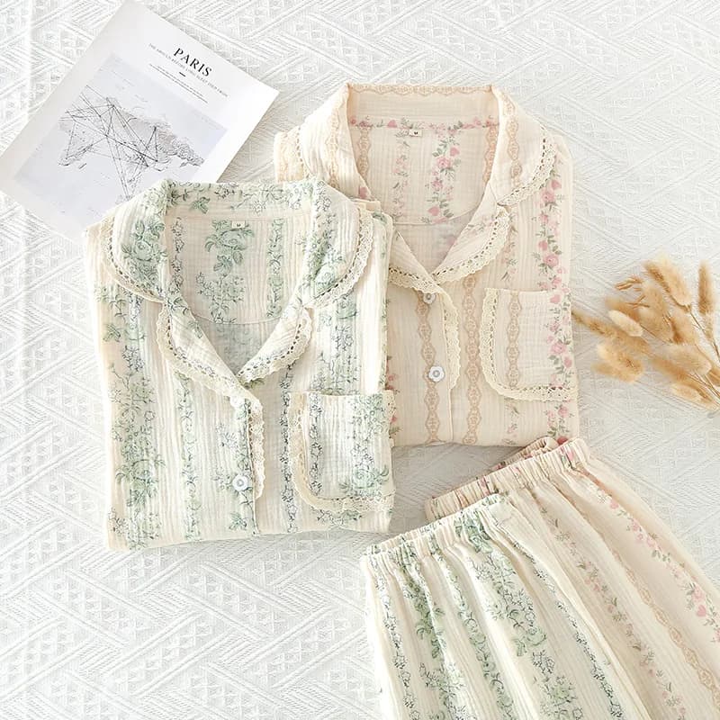 Set da 2 pezzi da donna estivo di 100% puro cotone pigiameria da donna set da camera da letto a maniche lunghe + pantaloni lunghi indumenti da notte da donna