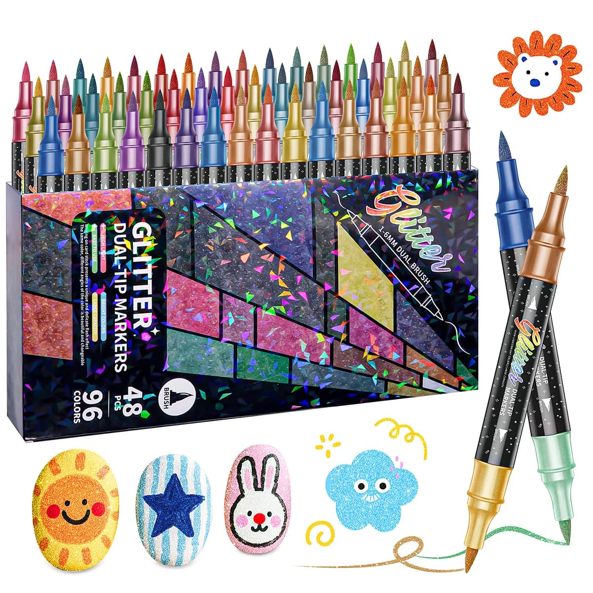 Pennarelli Acrilici Glitterati a Doppia Punta 96/12 Colori, Penne per Pittura Metallica con Punta a Pennello per DIY, Disegno e Creazione di Biglietti