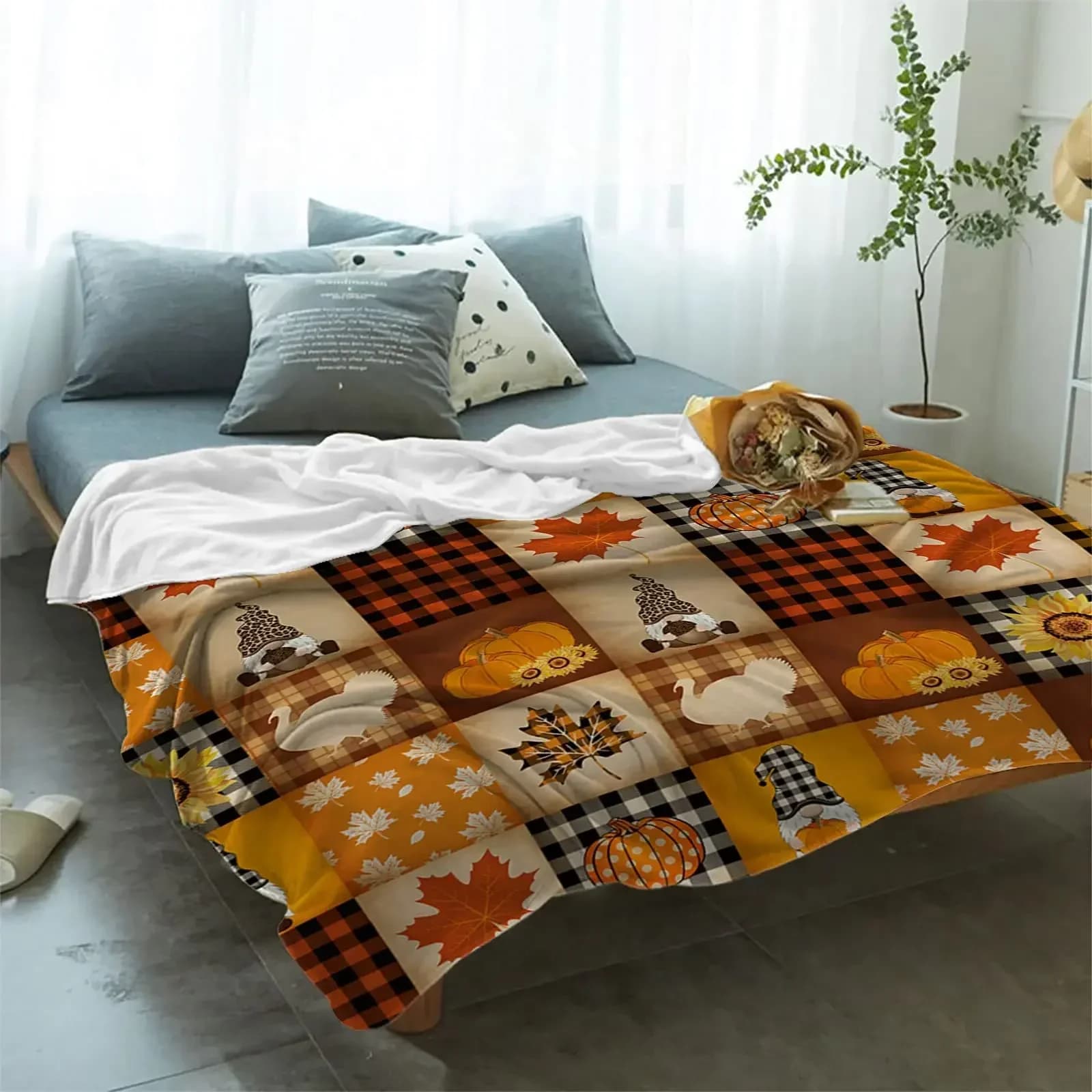 Coperta di zucca del ringraziamento coperte di flanella Super morbida zucca tacchino foglia d'acero gnomo coperta scozzese coperte di peluche regalo