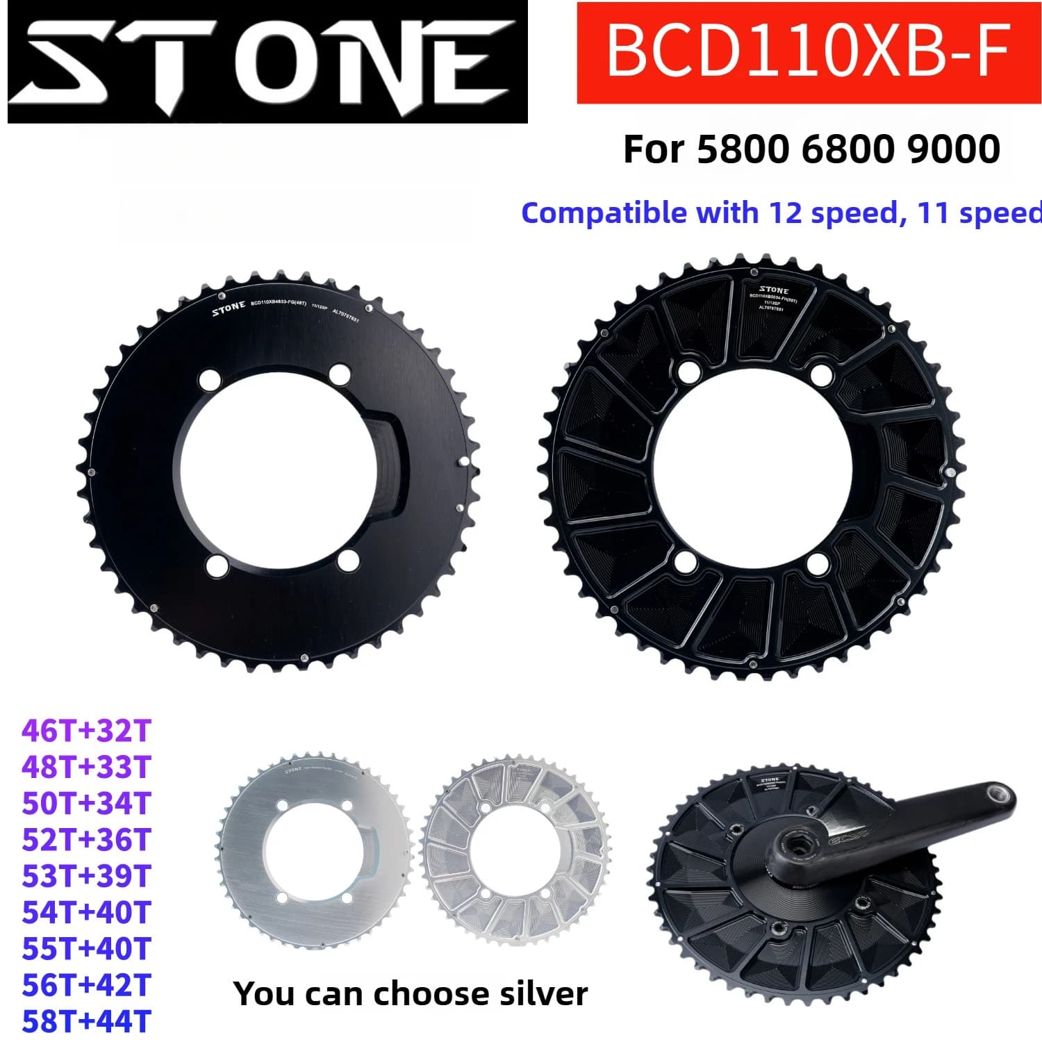 Pietra 110bcd Rotonda Doppia Corona Aero per Shimano 105 5800 6800 9000 per Rotore 4 Bulloni Bici da Strada 58 44T 55 40T 54 40T 46 32T