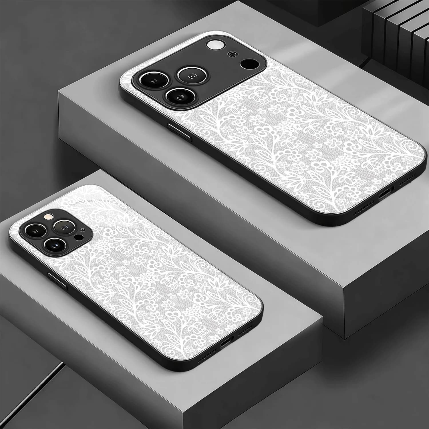 White Floral Lace Pattern Leather patterned phone case for iPhone 11/12/13/14/15/16/17 Pro ProMax