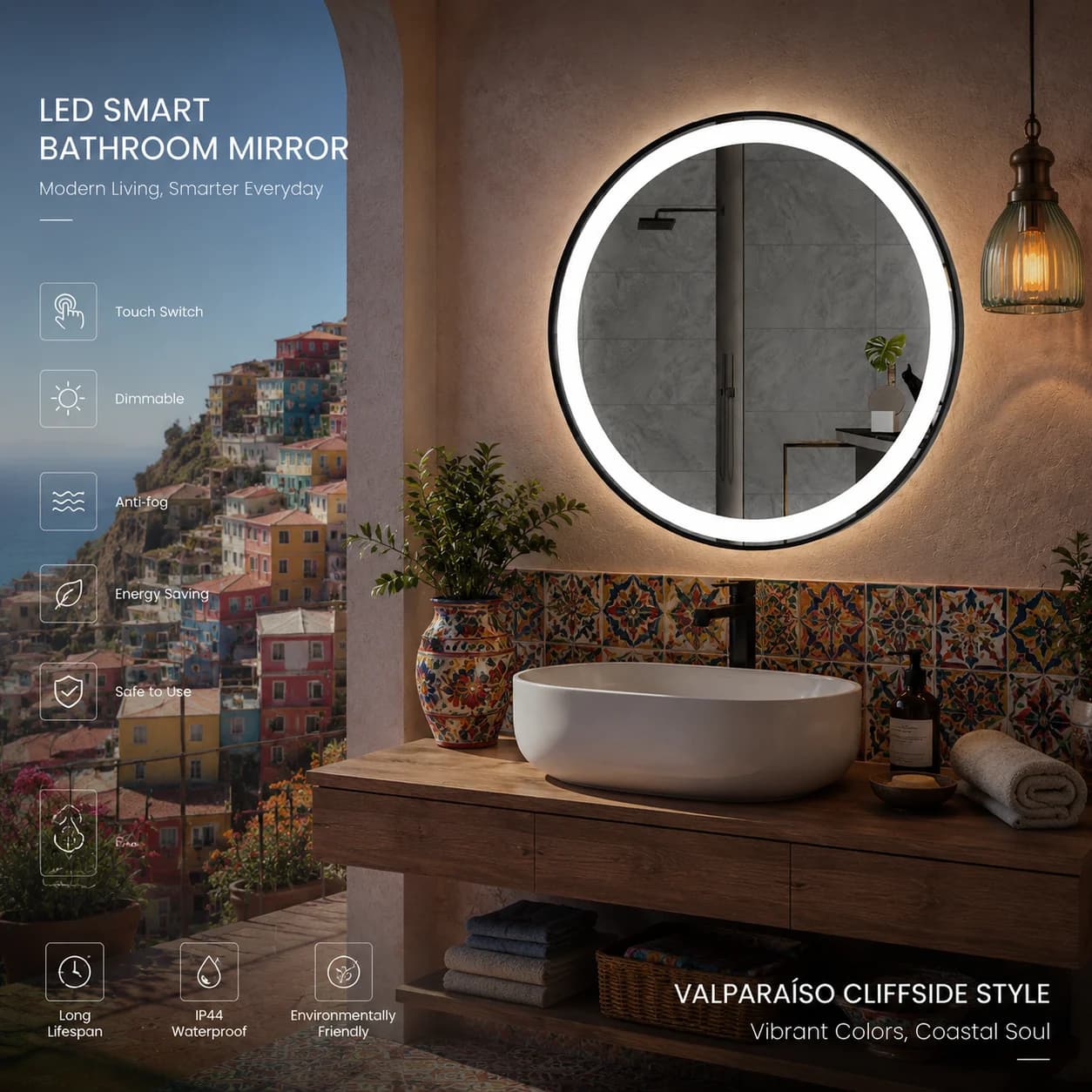 Round LED Bathroom Mirror 70cm Smart Mirror Clock Display Touch Control 3 Color Light Wall Mounted Vanity Makeup Mirror Anti Fog