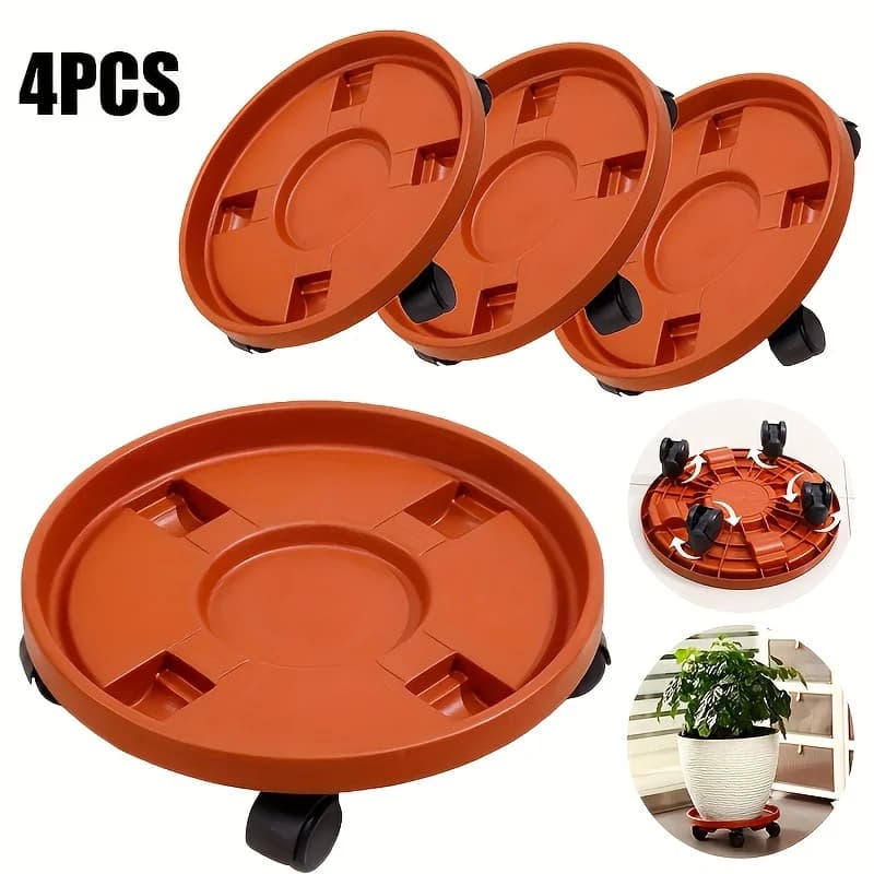 4 pots for resistant plants with 360 ° Wheels: tray for round thickened flower pots, mobile base for indoor/outside use