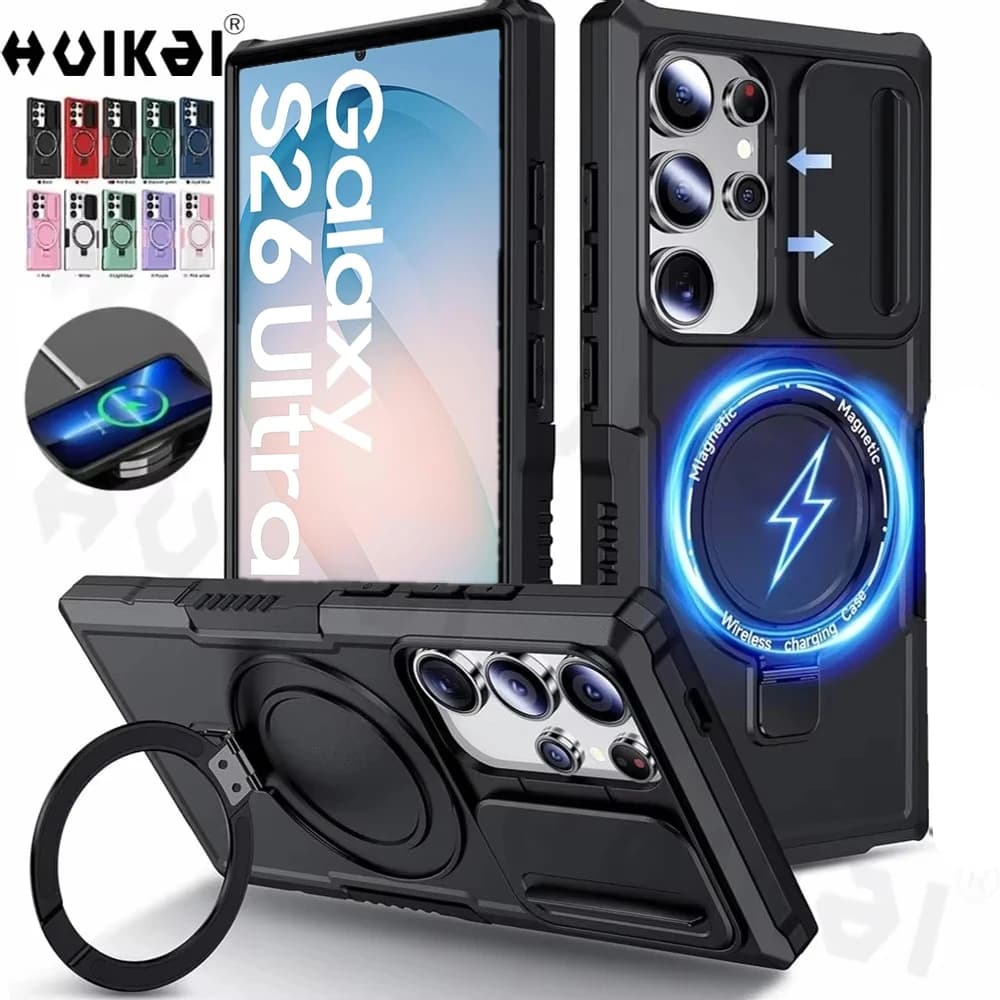 Custodia Magnetica con Copriobiettivo Scorrevole per Samsung S26 Ultra S25 Ultra S24 S23, Antiurto Rinforzata con Supporto Integrato
